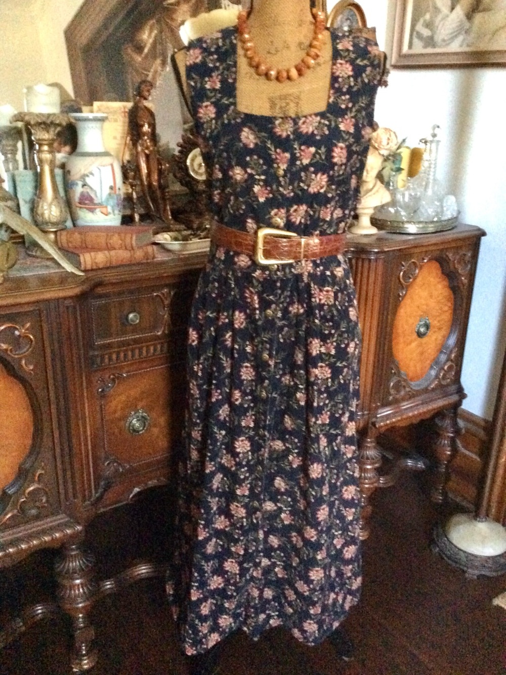 Vintage 90's Cotton Floral Corduroy Boho Country Cottagecore Peasant Maxi Dress